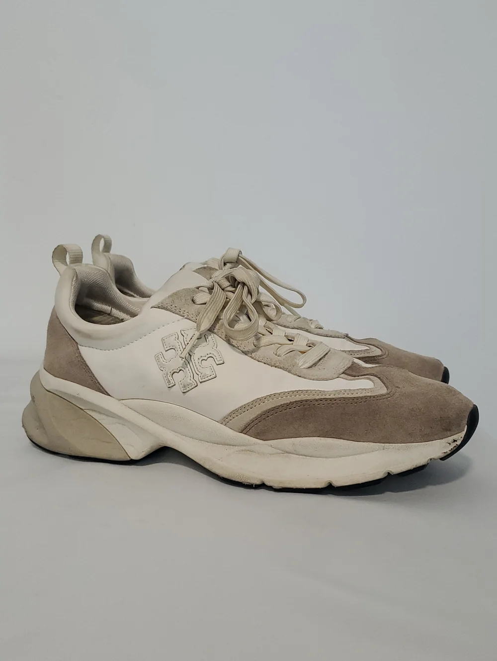 Tory Burch Cream and Taupe Suede-Trim Athletic Sneakers
